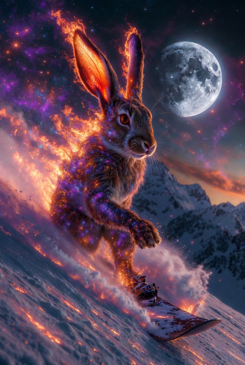 A glowing cosmic Fire Rabbit snowboarding down a snowy mountain under the moon